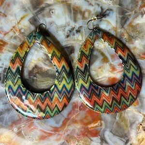 Green/ Orange Chevron Enamel Large Earrings
